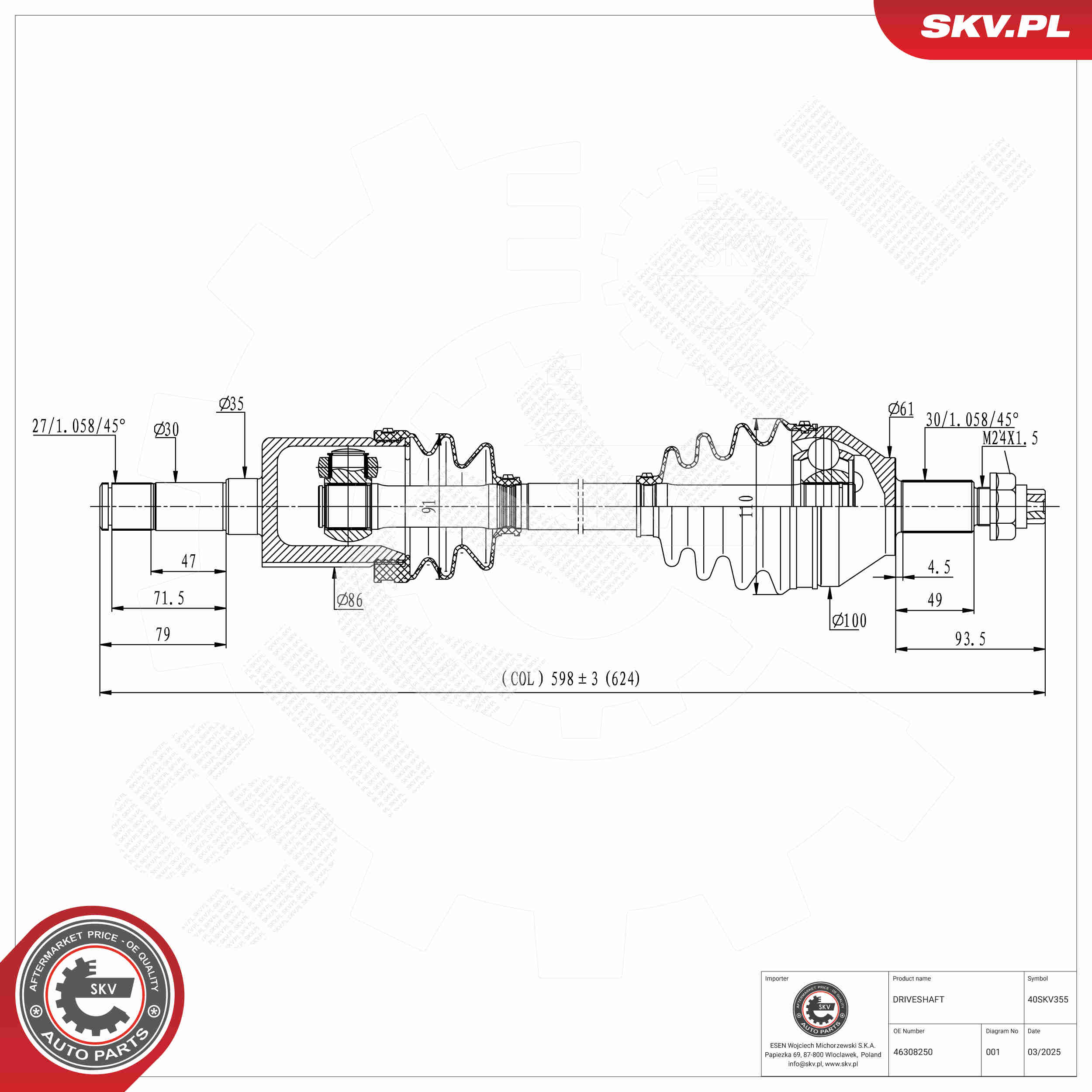 Ilustracja 40SKV355 ESEN SKV półoś napędowa