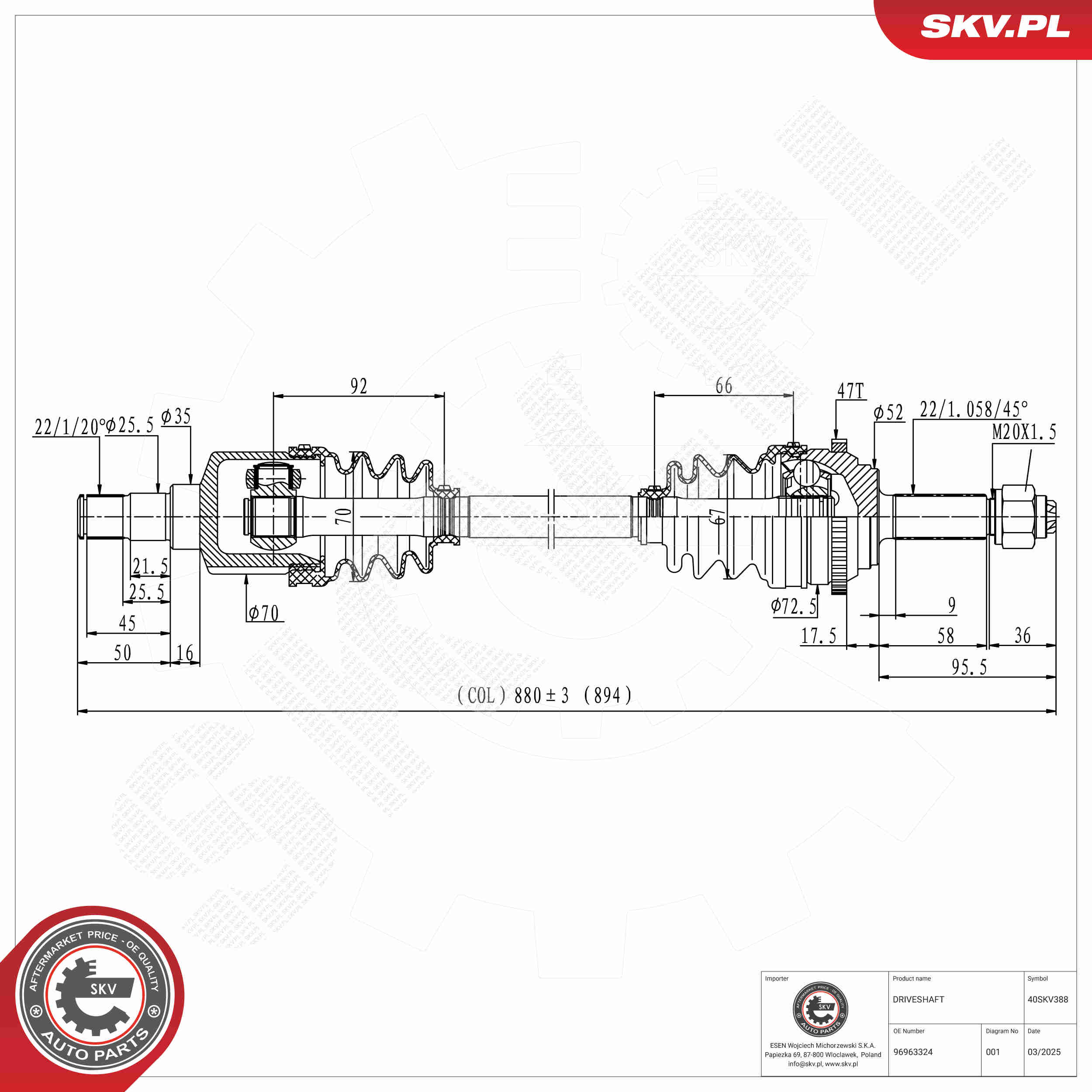 Ilustracja 40SKV388 ESEN SKV półoś napędowa