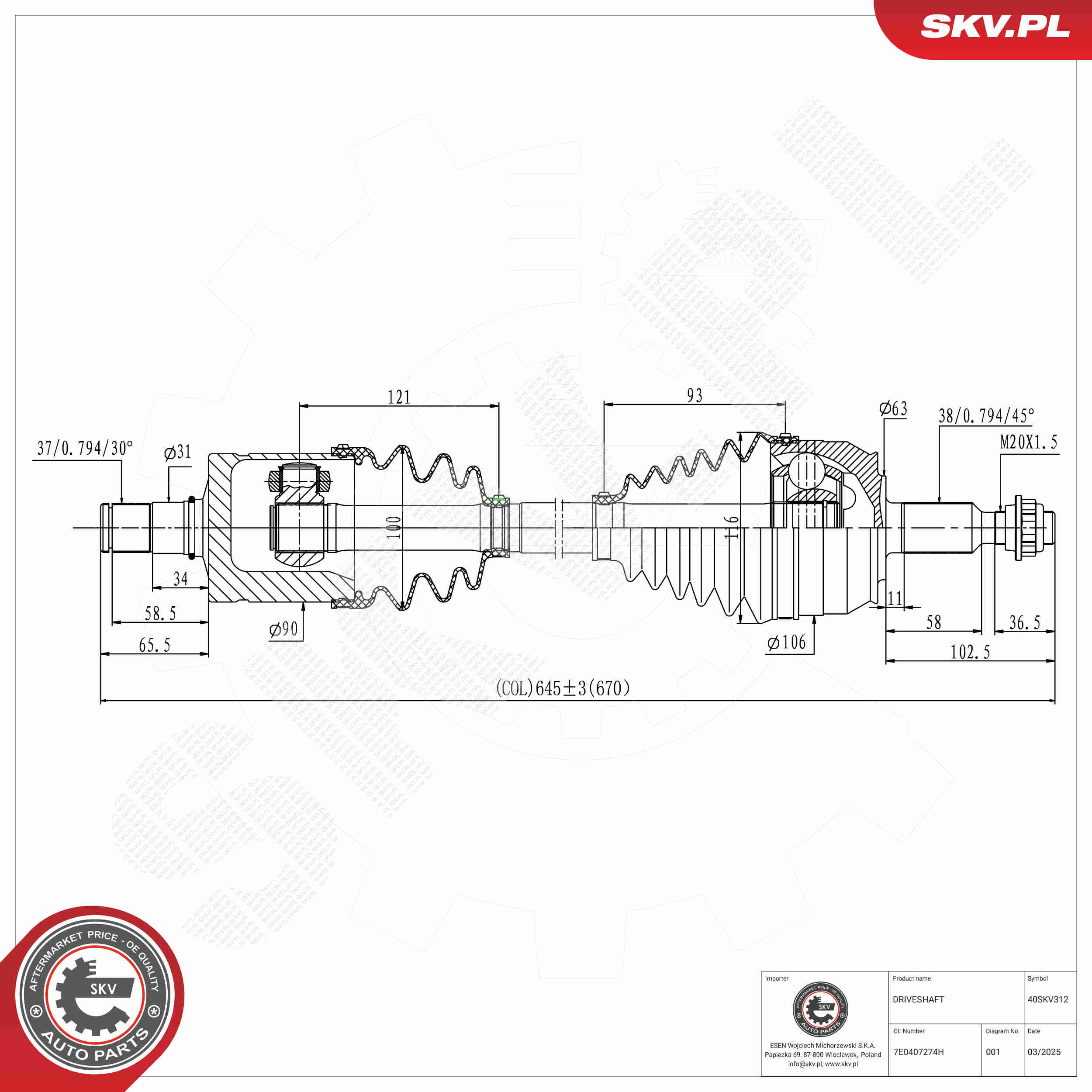 Ilustracja 40SKV312 ESEN SKV półoś napędowa