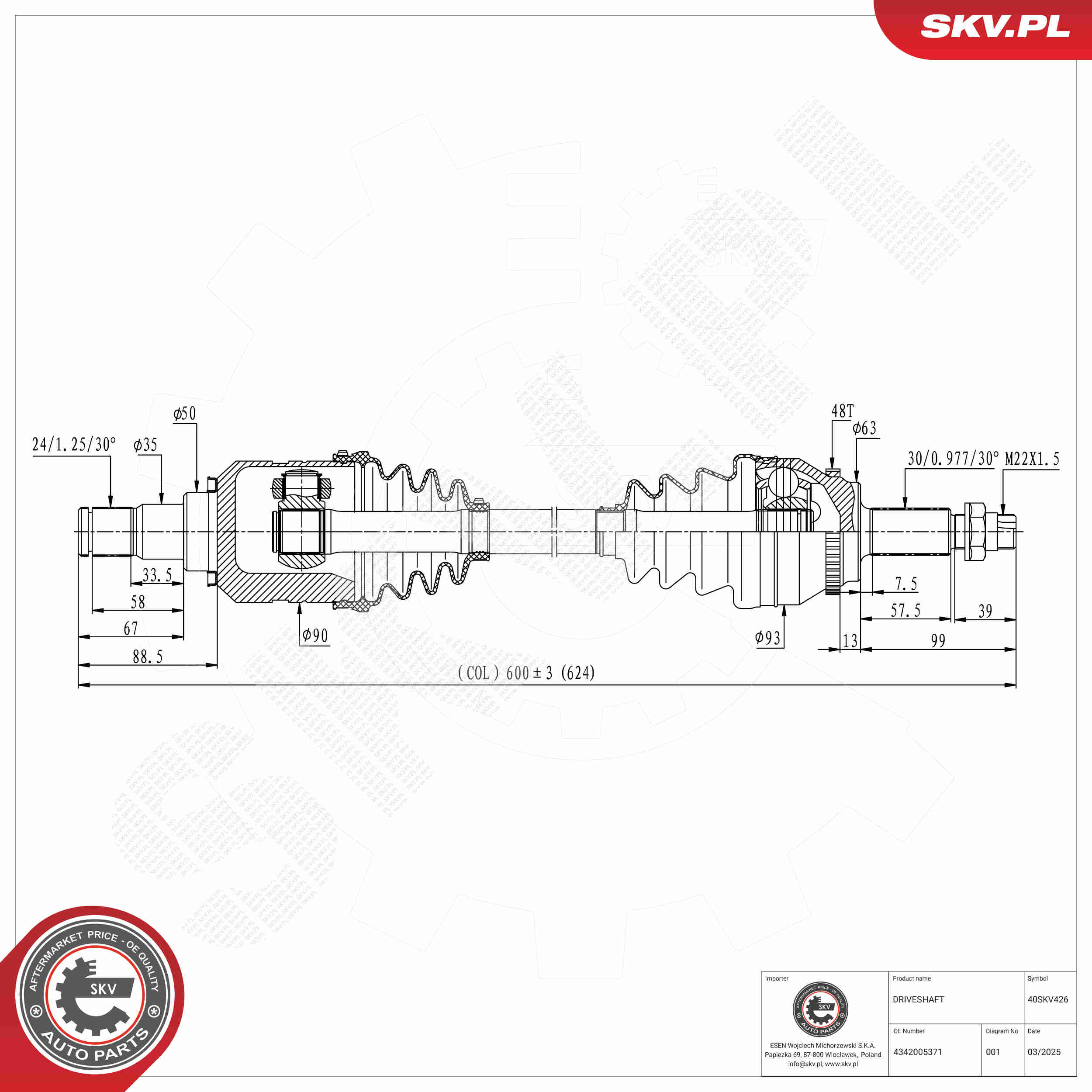 Ilustracja 40SKV426 ESEN SKV półoś napędowa