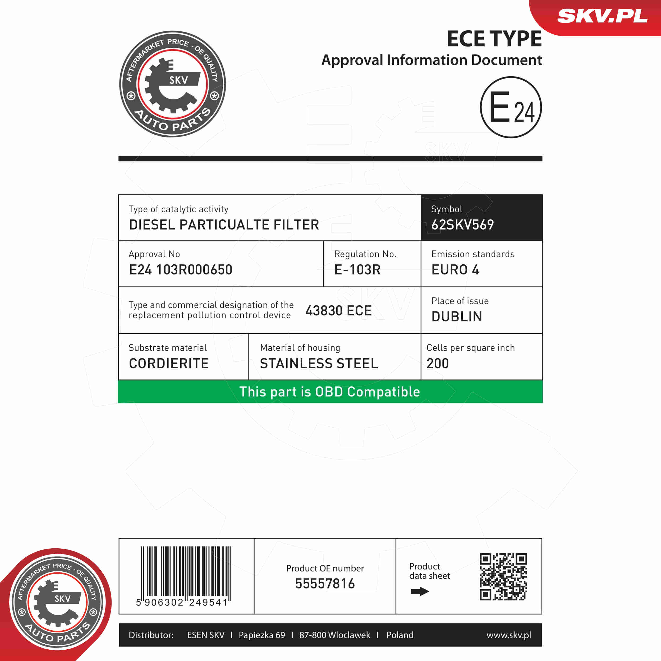 Ilustracja 62SKV569 ESEN SKV filtr sadzy / filtr cząstek stałych, układ wydechowy